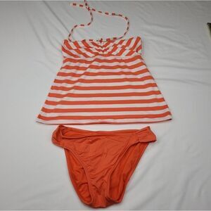 S MOSSIMO orange white striped halter bikini tankini 2 piece swimsuit small